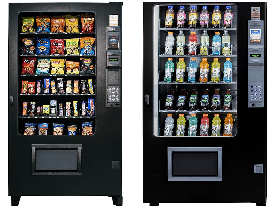 Two vending machines side by side — snacks and beverages